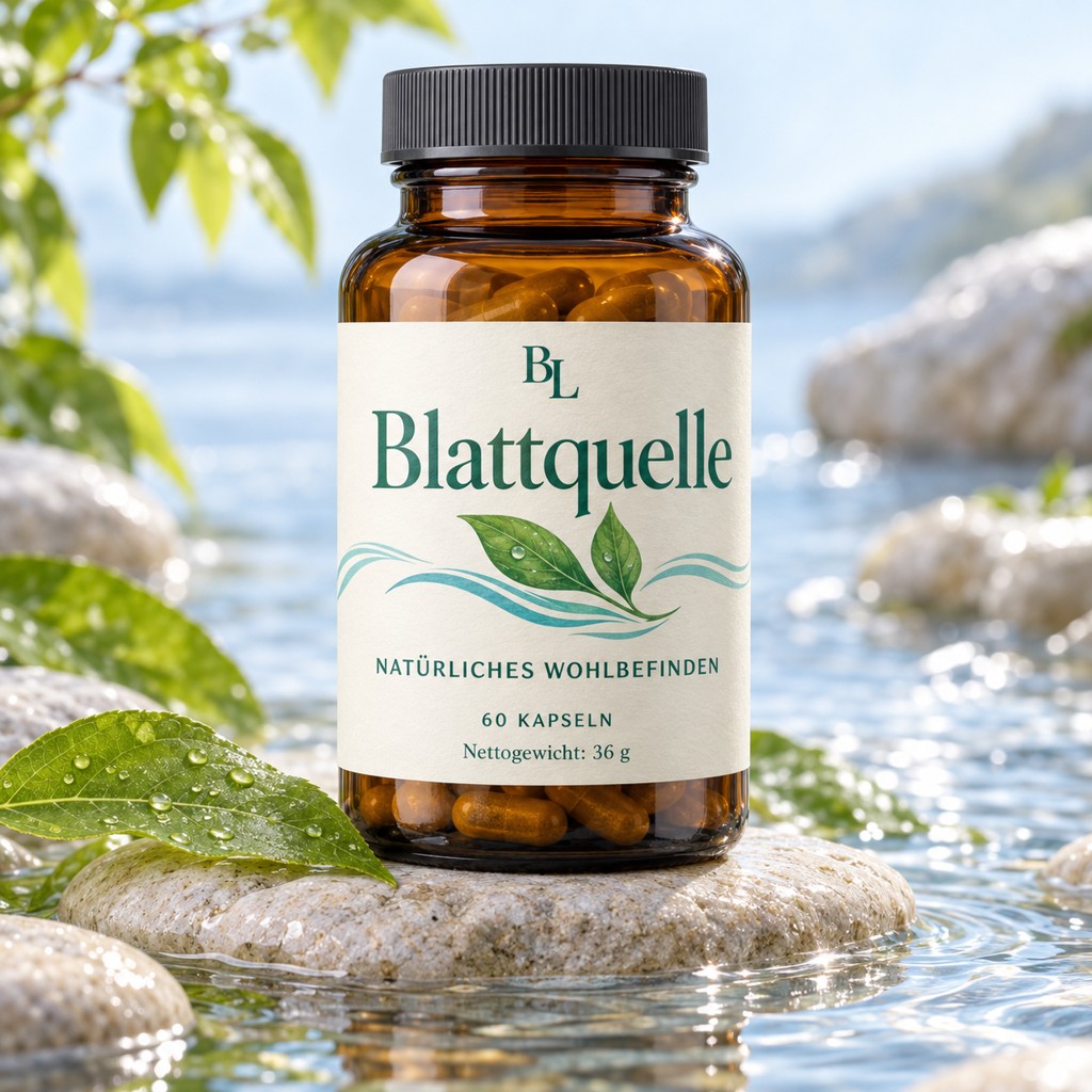 Blattquelle in einer Produktaufnahme mit lesbarem Etikett